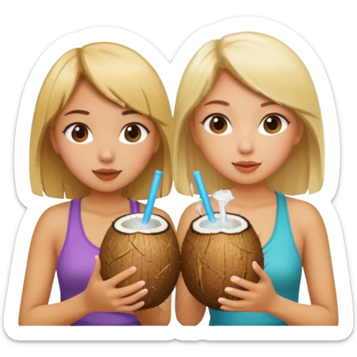 Two girls drinking out of a coconut one is Asian the other one is blonde  sticker