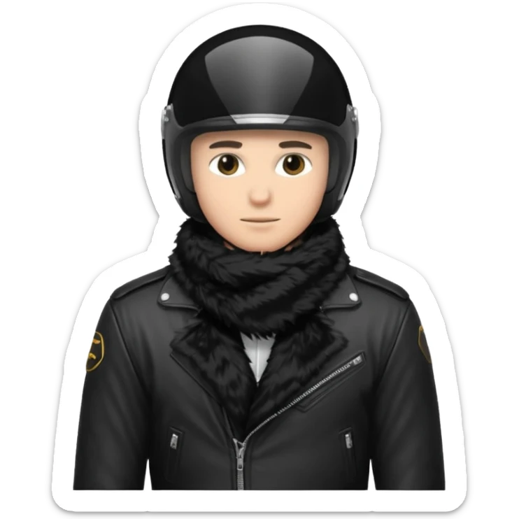 un homme avec un casque de moto totalement noir avec une écharpe en fourrure noir une chemise blanche et une jacket noir sticker