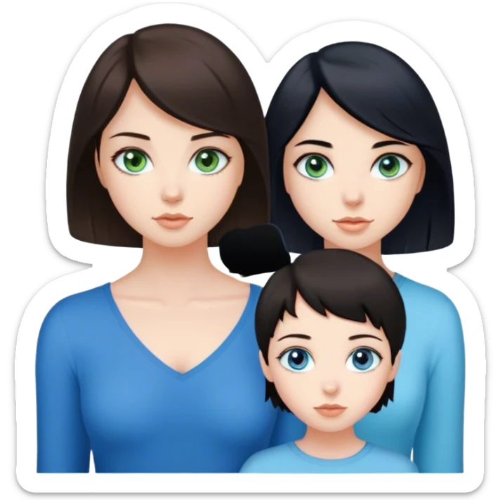 brunette short hair girl with dark brown eyes little tanned but pale, brunette longer hair girl eith blue/green eyes and pale, black hair girl and blue eyes pale skin as girl group and trio sticker