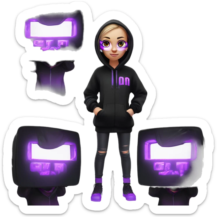 Russian girl wearing black hoody with violet letters "OMG", in vr headset oculus quest2. Standing like jedi. Cyberpunk style. Violet neon. sticker