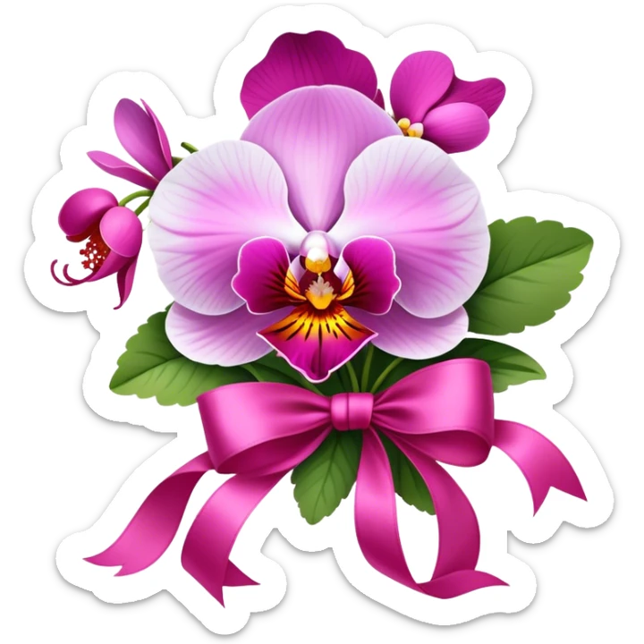 A bouquet of Orchid Pink pansies tied with a flowing Wild Strawberry ribbon. The vivid contrast of soft petals and bold silk creates a charming, romantic scene." sticker
