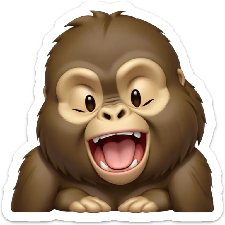 Cinematic Cute Yawning Gorilla Portrait Emoji, Head tilted slightly with a dramatic, wide-open yawn, showcasing a thick, velvety Fur with drowsy, half-closed eyes and a relaxed, open expression, Simplified yet irresistibly adorable features, highly detailed, glowing with a soft, cozy jungle glow, high shine, relaxed yet expressive, stylized with a dash of whimsical primate charm, soft glowing outline, capturing the essence of a drowsy yet affectionate guardian that appears ready to stretch out for a nap! sticker