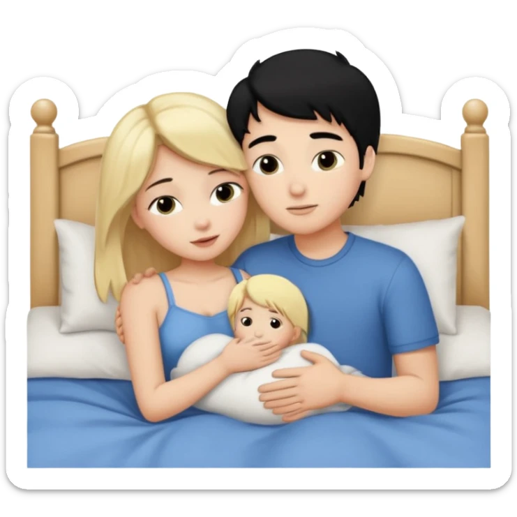 Blonde hair girl black hair boy. Cuddle n kissin in bed sticker