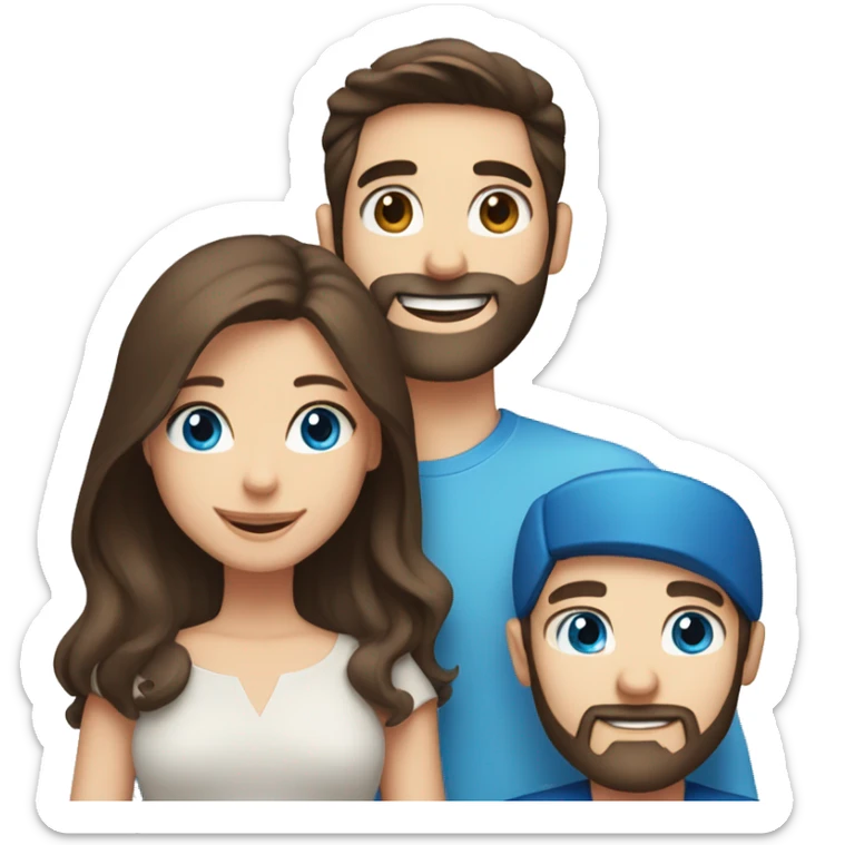 Happy couple : girl brown hair and blue eyes, boy dark brown hair and blue eyes with beard sticker