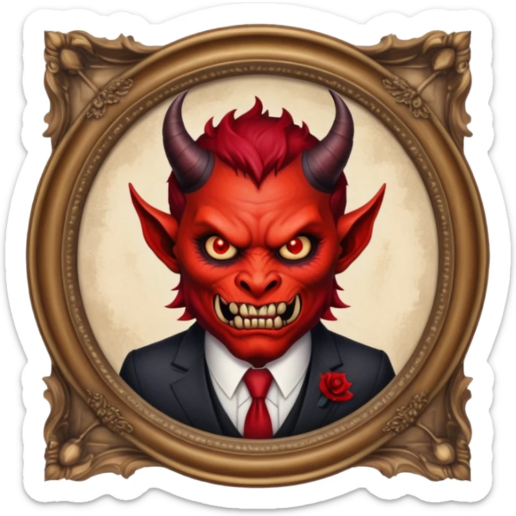 round oil painting in frame, portrait of a demon in a suit sticker