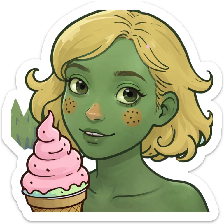 Blonde hair girl with freckles swimming in ice cream sticker