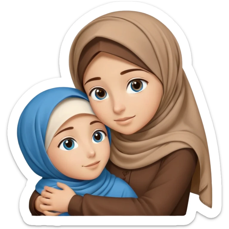 Turkish beautiful finish Konya girl blue eyes with brown beige hijab islamic dress and hugs with a boy brown haircut brother  sticker