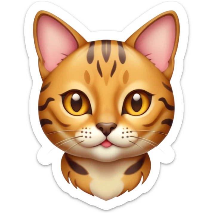 Cinematic Cute Bengal Cat Portrait Emoji, Playful and charming, sleek spotted brown and gold tones, Simplified yet adorable features, highly detailed, glowing with a warm, friendly glow, high shine, curious and affectionate, stylized with a touch of whimsy, bright and alert, soft glowing outline, capturing the essence of a mischievous yet loving kitten, so endearing it feels like it could pounce out of the screen and play! sticker