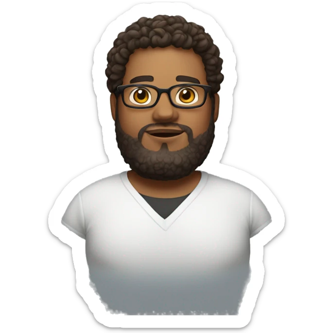 An emoji of an overweight man with medium brown skin, a beard, fade haircut on the sides with curly hair on top, and wearing glasses sticker