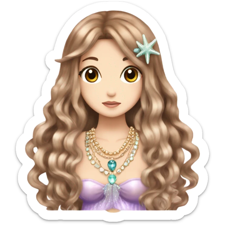 mermaid hime gyaru girl, brown hair, shell jewellery  sticker