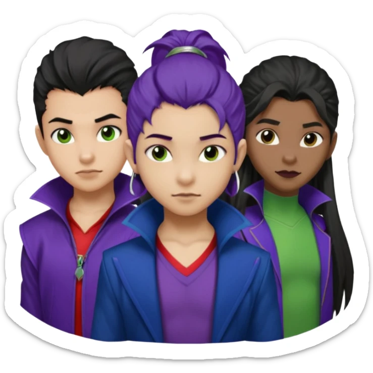 Solo poly platonic relationship, one African girl, one Asian boy, one biracial features Asian tomboy girl rat-tail hair long and upper masculine hair 90s, vampire and marvel cosplay elements inspired  use marvel race, like instead of obvious human, green purple blue etc,  sticker
