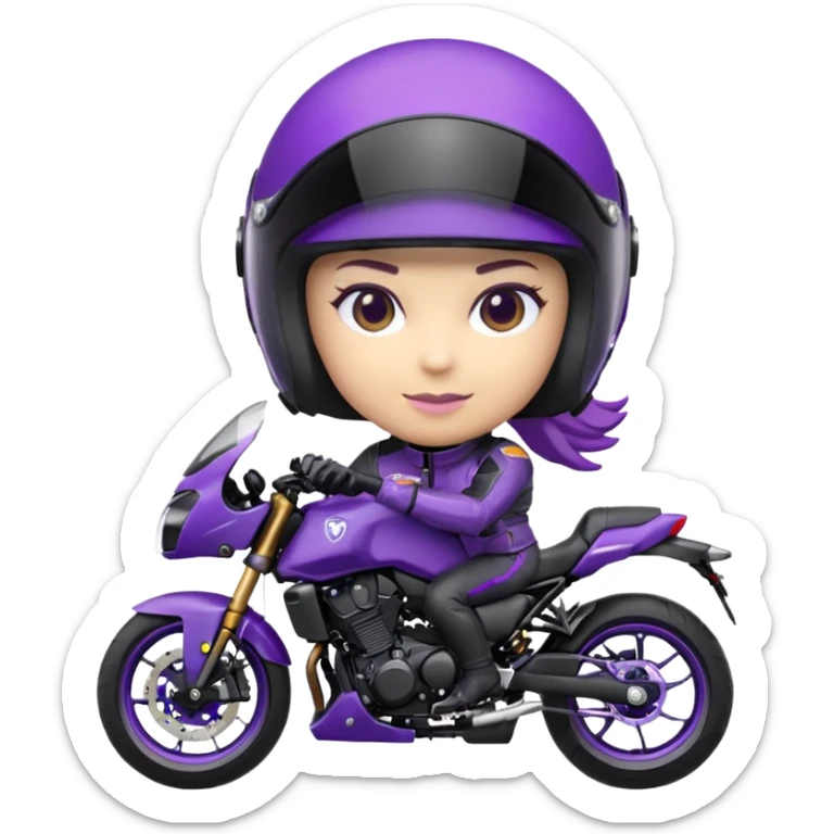 Créer un emoji avec une moto mt07 sport noir mate / violet iridescent très foncé, pare-brise de la moto violet. Avec une femme pilote dessus, visage caché’ par la visière violette, visière cachant tout le visage .Avec en arrière plan cercle violet. sticker