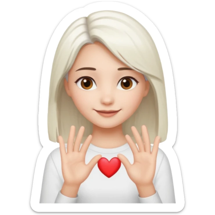 Beautiful girl. Platinum-colored hair just below the shoulders, straight, brown eyes, sweet smile. Hands in the shape of a heart. sticker