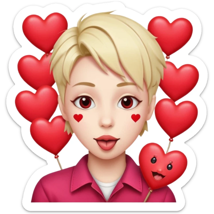 A cross eyed unisex with their tongue out far with Valentine’s Day decor/hearts around sticker