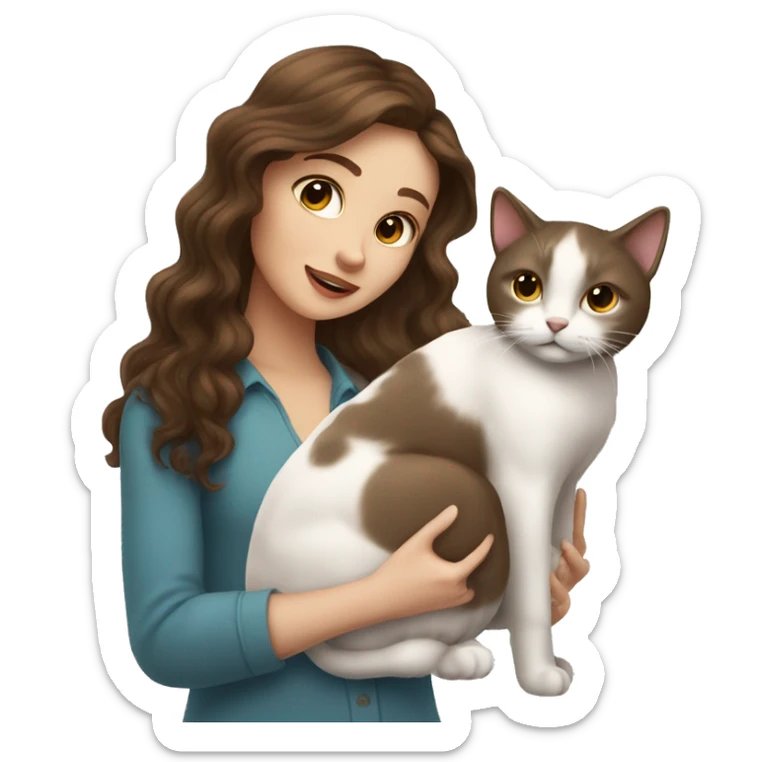 cute wavy hair women with white skin and brown hair petting a cat sticker