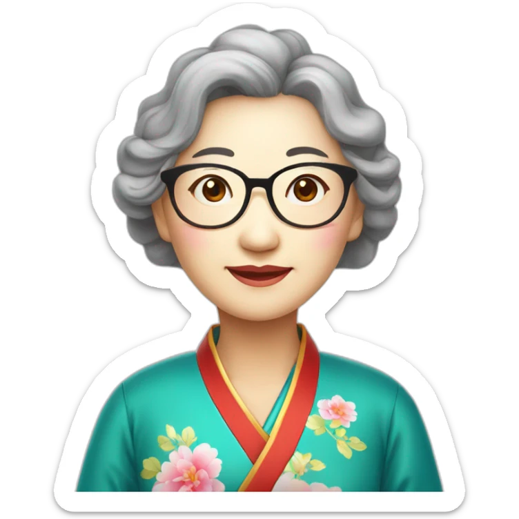 Chinese seniors lady wear glasses has wavy long hair wear Chinese traditional dress show appreciation sign sticker