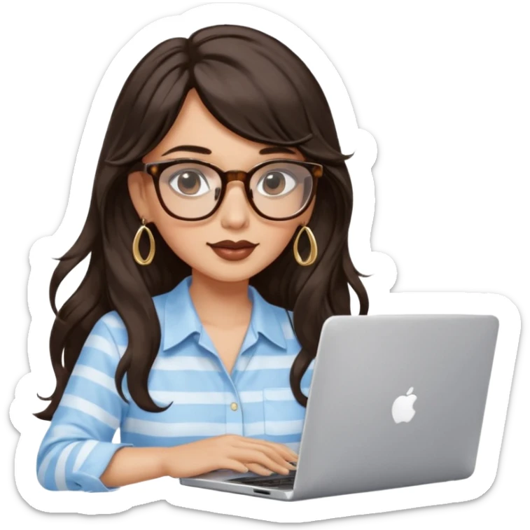 A woman with long wavy dark brown hair and a whispy bang, wearing thick tortoise SQUARE glasses, gold drop earrings. She has long lashes and a nude browny glossy lipstick. She's wearing an oversize light blue shirt with white vertical strips. She's working on a laptop sticker