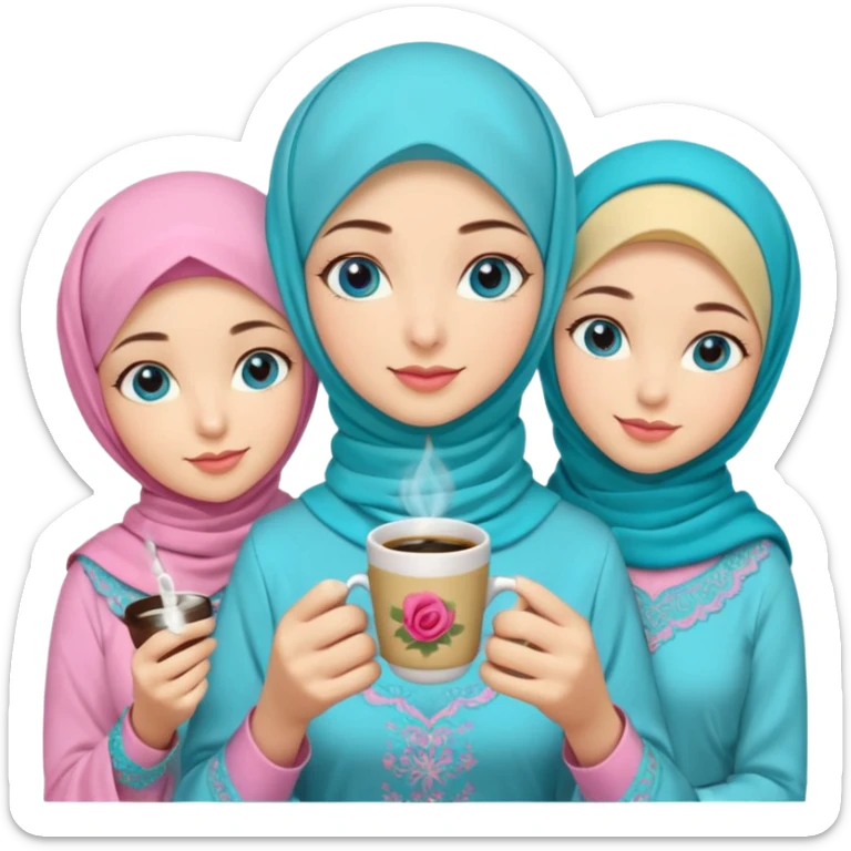 Turkish beautiful finish Konya three girls (friends) blue eyes with pink rose and turkis butter yellow hijab islamic dress and had on her hand turkish coffee   sticker