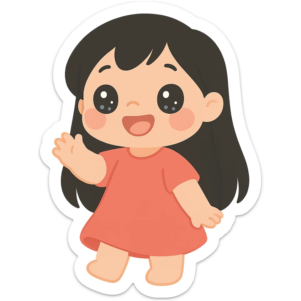 Lilo-inspired girl, kawaii style, red dress, black hair, big eyes, cute pose sticker