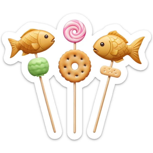 A minimalist Apple-style logo combined with fish cake with pink swirl (narutomaki), rice cracker (senbei), and dango on a stick arranged in a clean, modern design sticker