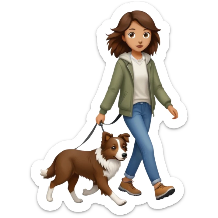 A beautiful girl with long brown hair walks a Border Collie sticker