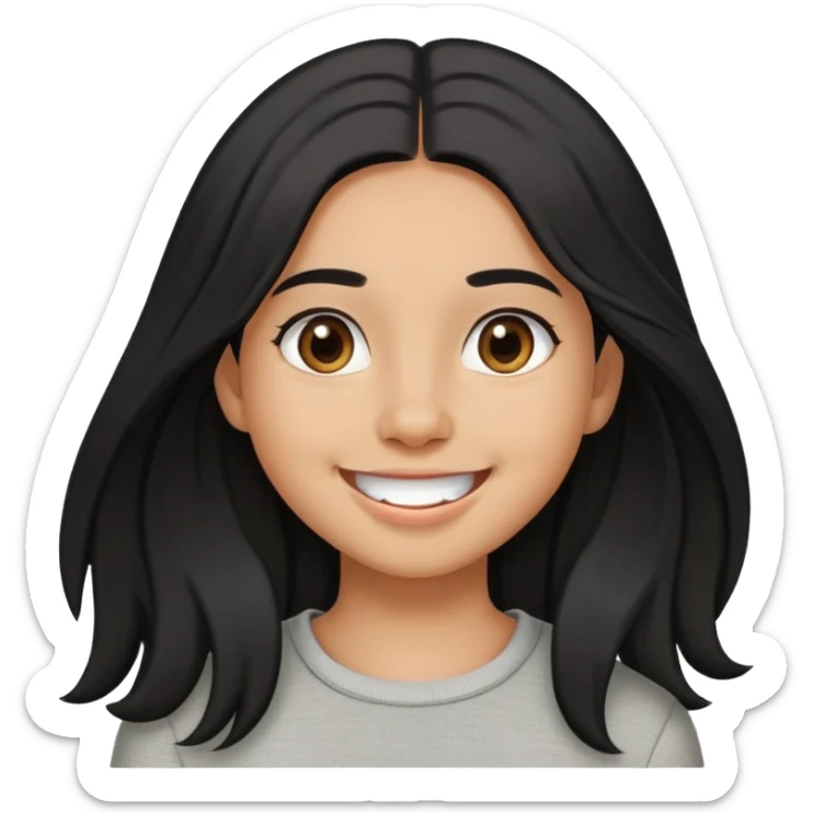girl smiling with no teeth, olive brown complexion, long black hair, brown eyes, casual outfit sticker