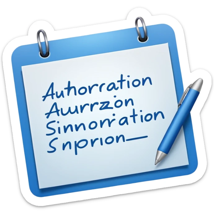 Emoji de una hoja firmada con una firma azul simulada y título “Autorización”. sticker