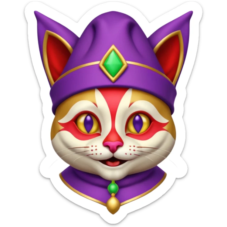 crazy colorful cute little cat jolly joker from poker, medieval, vintage, court jester, mac os icon, purple, gold and red color, half body. Squared shape as 3D mac os icon, symmetrical sticker