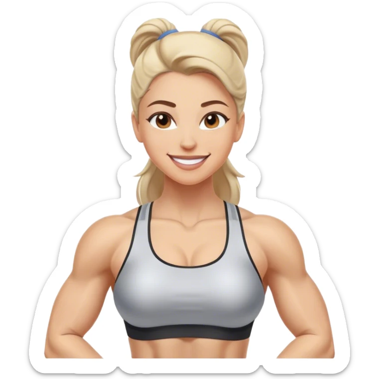 A woman in athletic wear is sweating it out in the gym, her face adorned with a confident smile, her muscles well-defined, showcasing strength and grace. sticker