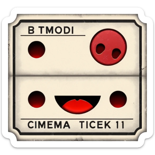 Minimalist emoji-style sticker of an old torn cinema ticket, blood-stained edges and burn holes, grayscale paper

 sticker
