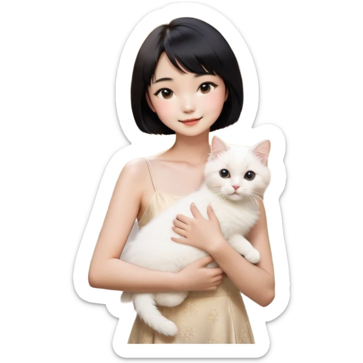 A young Chinese woman with a sun-kissed complexion and short black hair, styled in a chic bob cut, wearing a stylish spaghetti-strap dress. She gently holds her fluffy white Ragdoll cat。Her expression is happy and joy as she embraces her beloved pet. The background is softly lit with a dreamy and elegant atmosphere, highlighting the textures of her silky dress and the cat’s plush fur. The overall mood is serene, cozy, and full of love." sticker