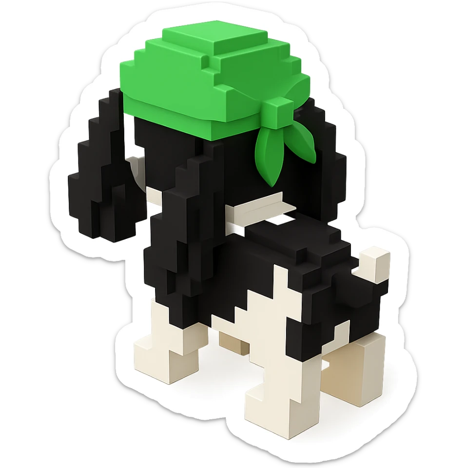 A black and white Russian Cocker Spaniel puppy wearing a green durag, voxel style, facing backward sticker