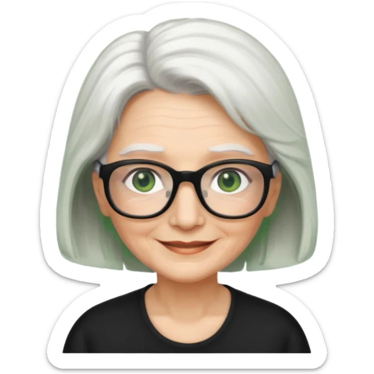 White hair grandma, green eyes, hair to shoulder, lokeg black glasses, rectangles face, smile , sticker