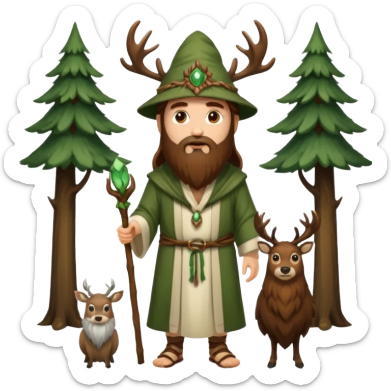 full body man long brown hair brown eyes medium beard white skin wearing stag hat and forest druid robes open chest sticker