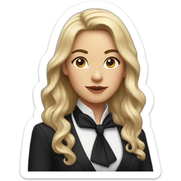 Woman with a long and strong dark hair wearing black suit with a black bow tie sticker