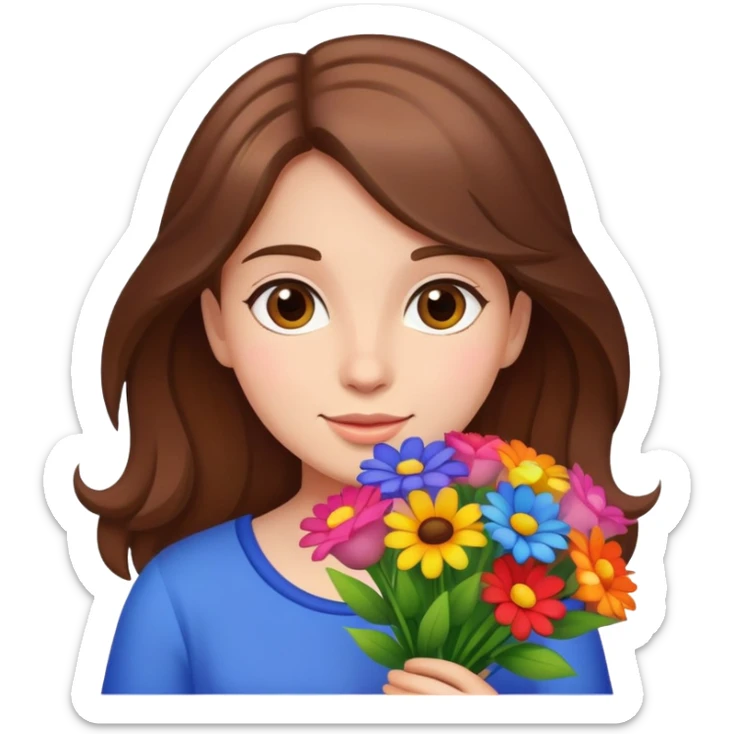 brown-haired girl holding a colorful bouquet of flowers sticker