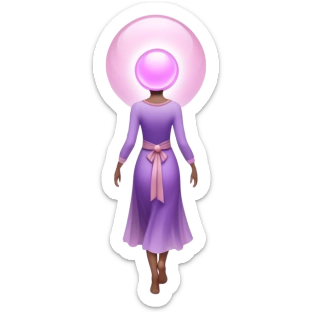 A small figure walks back across a foggy bridge, holding soft pink and purple orbs in each hand—symbolizing compassion and forgiveness. A gentle heart aura trails behind them, showing healing in motion. sticker