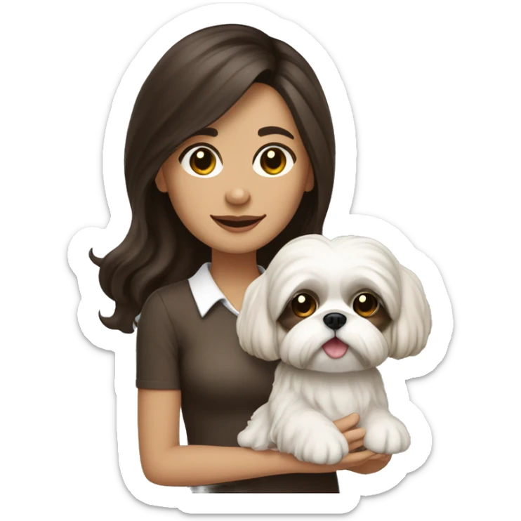 Young dark brunette medium kin hair woman with a cream shih tzu in her arms long wavy hair sticker
