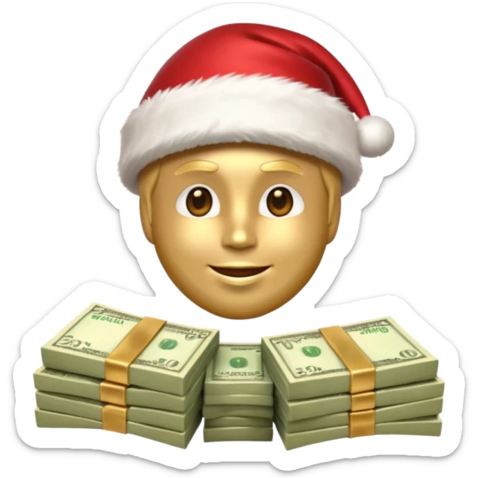 A confident rich emoji face wearing a Santa hat, money stacks, casino vibe, New Year theme, premium 3D emoji style, sharp details, no text, isolated on transparent background sticker