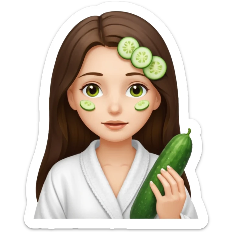 white long brunette hair girl with hazel eyes in a bathrobe with cucumber slices covering her eyes sticker