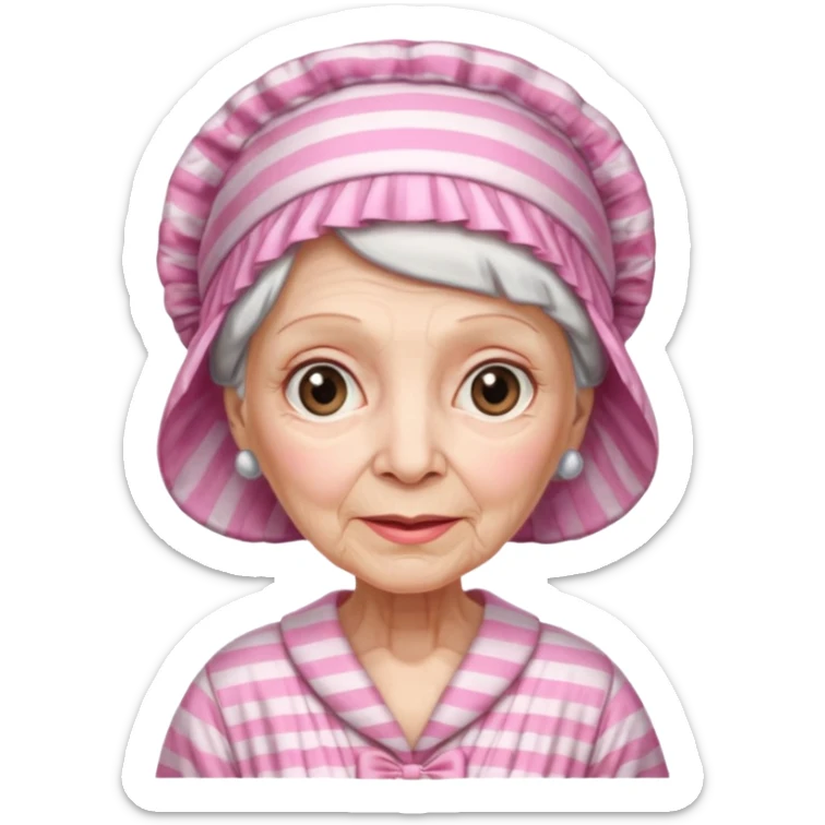 sick old woman with pink striped night gown, pink night bonnet on her head sticker