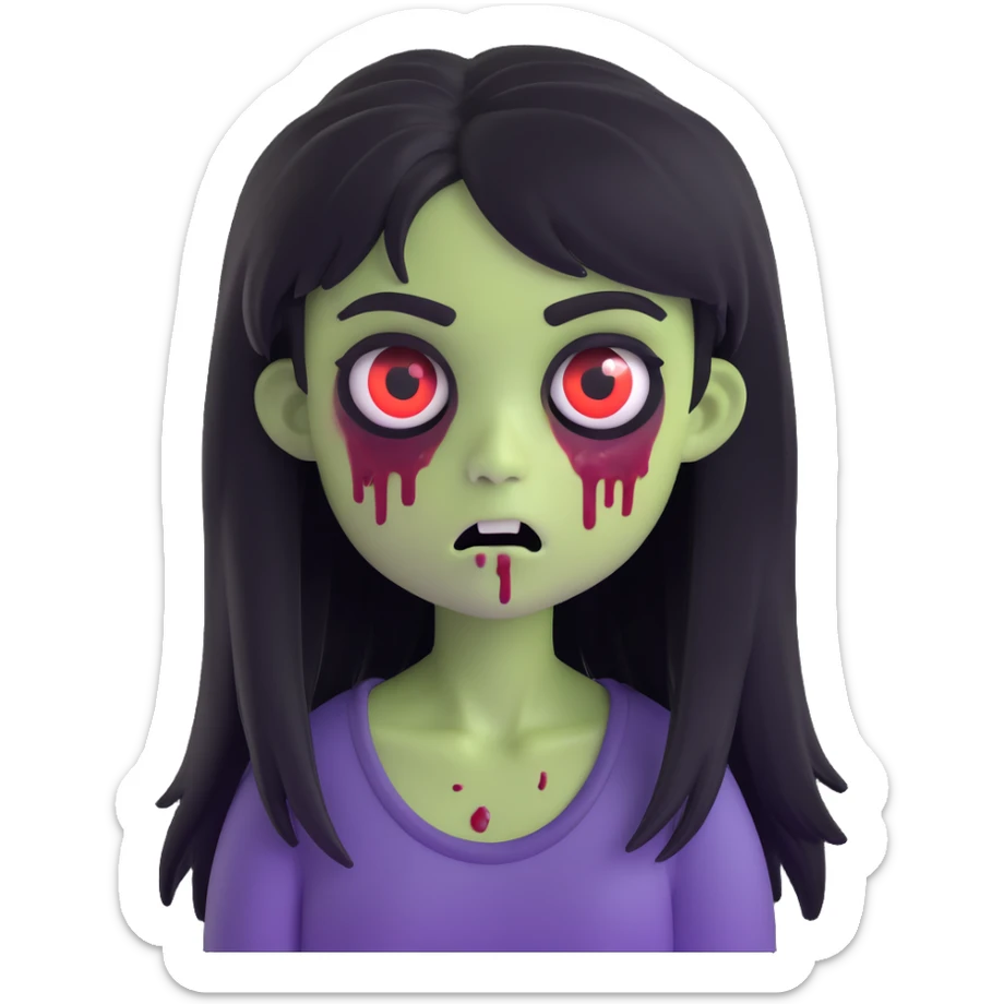 memoji style, girl zombie, long black shaggy emo hair, dark, spooky, creepy expression sticker