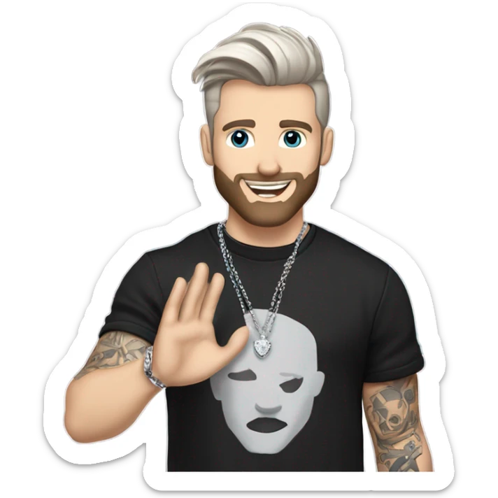 Younger white male with dark brown hair with grey highlights, a beard, and tattoos. He is wearing a diamond coated white gold necklace and a black punk band t-shirt while waving hello sticker