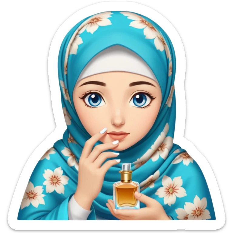 Turkish beautiful finish Konya girl blue eyes with floral hijab smells perfume on the floor  sticker