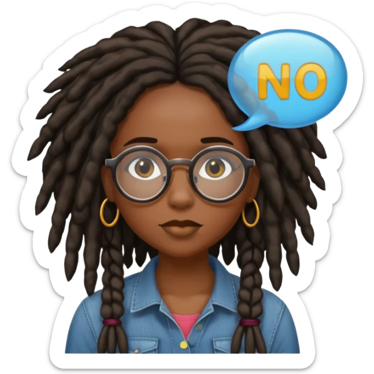 darker skin female with dark dreadlock hair wearing large round glasses with a word bubble that says no sticker