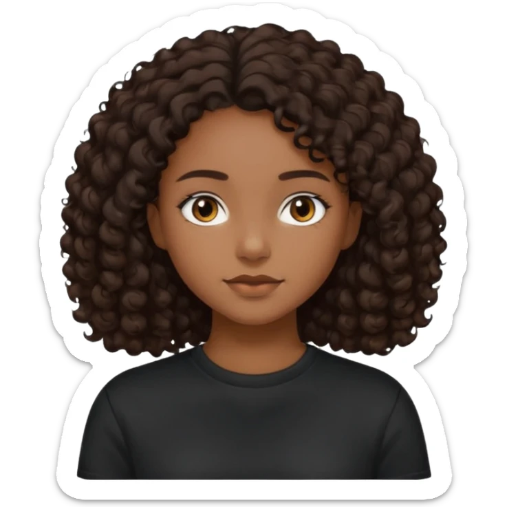 girl with brown skin, dark curly brown hair shoulder length and plain black crewneck t-shirt sticker
