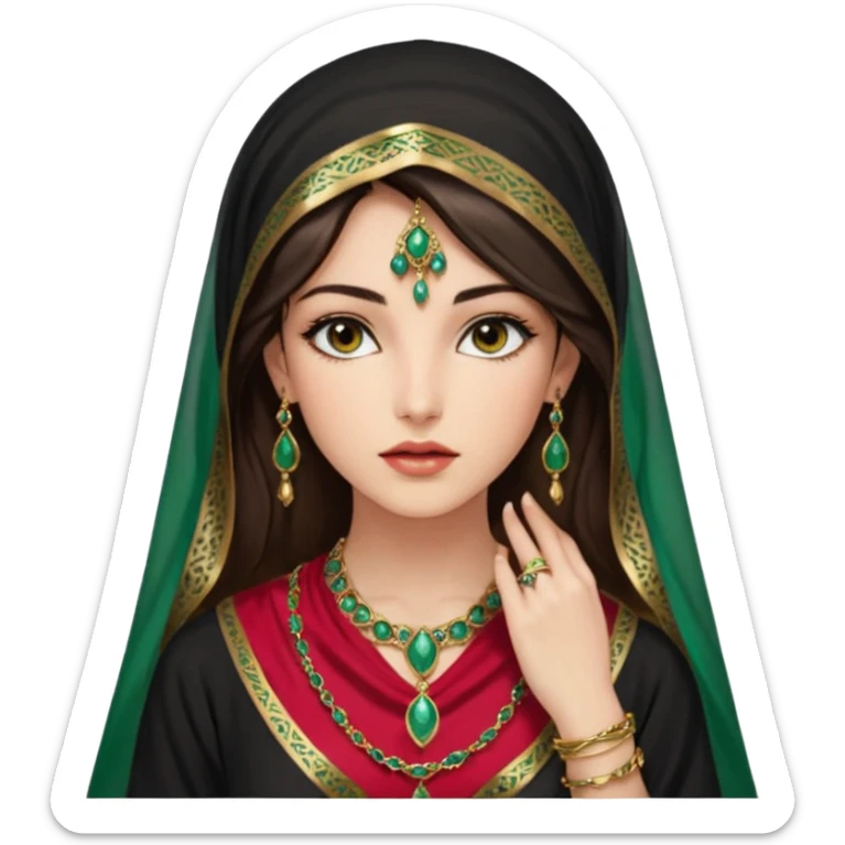 Mujer joven, morena, de gran belleza y porte misterioso.
 mirada intensa y fija; labios marcados.
 Negro, largo, suele ir cubierto parcialmente por un velo
 Ropa de inspiración árabe: túnica colorida (rojo, dorado, verde esmeralda), con detalles dorados o lentejuelas; brazaletes y pendientes. sticker