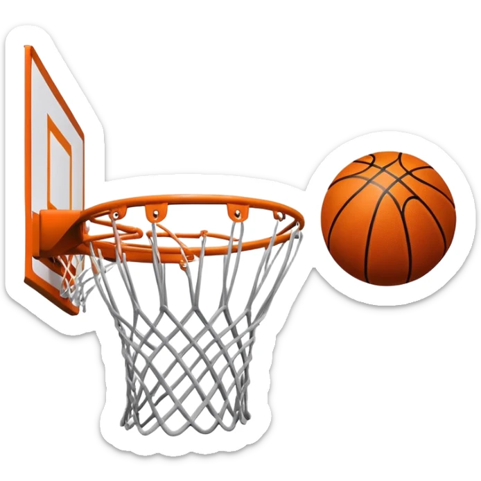 A close-up of a basketball swishing through the hoop, with the net slightly bouncing. The background features a blurred basketball court, capturing the excitement and precision of scoring in the game. sticker