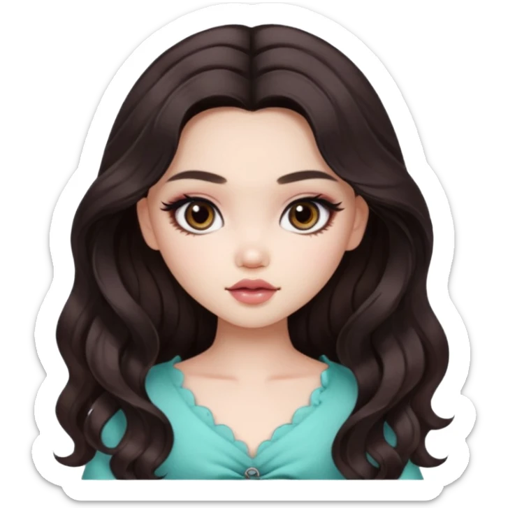 pale skin, girly bratz ASIAN vietnam baddie, beautiful dark brown eyes, pretty makeup, long dark to light ombré colored hair, wavy hair sticker