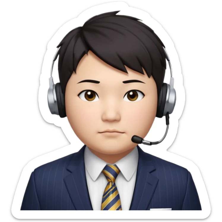 full kind of chubby face, very asian, short dark hair styled upward with a spiked swoop in front, a clean-shaven face, focused eyes, and a slim headset over one ear, wearing a dark pinstripe suit with a patterned dress shirt and a bright solid-colored tie visible from the chest up. sticker